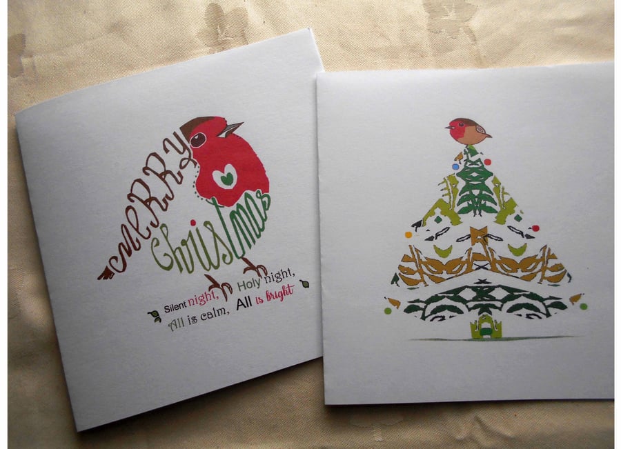 Pack of 4 Handdrawn Robin Christmas Cards, 2 Designs