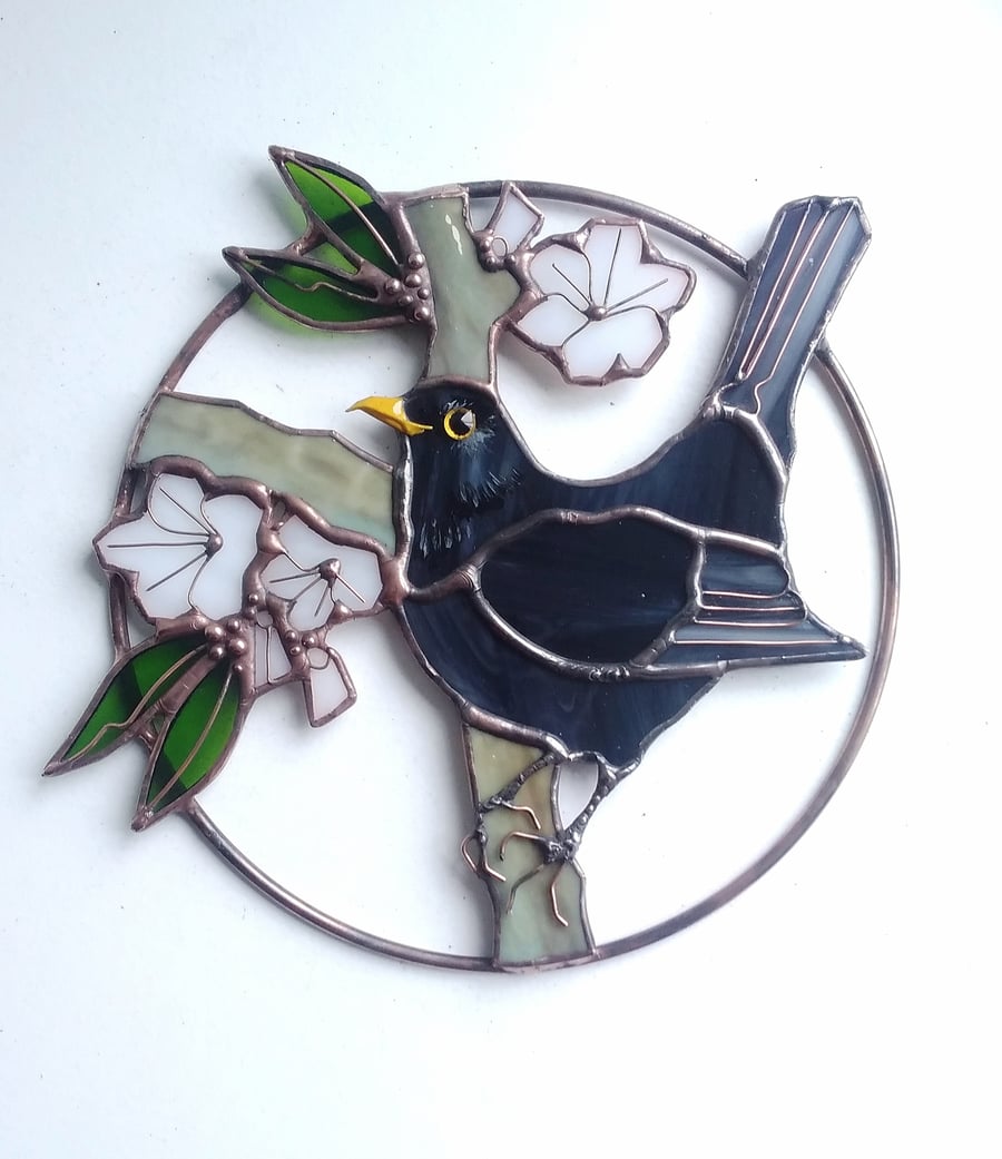 Stained Glass Blackbird in Blossoms - handmade in Hampshire
