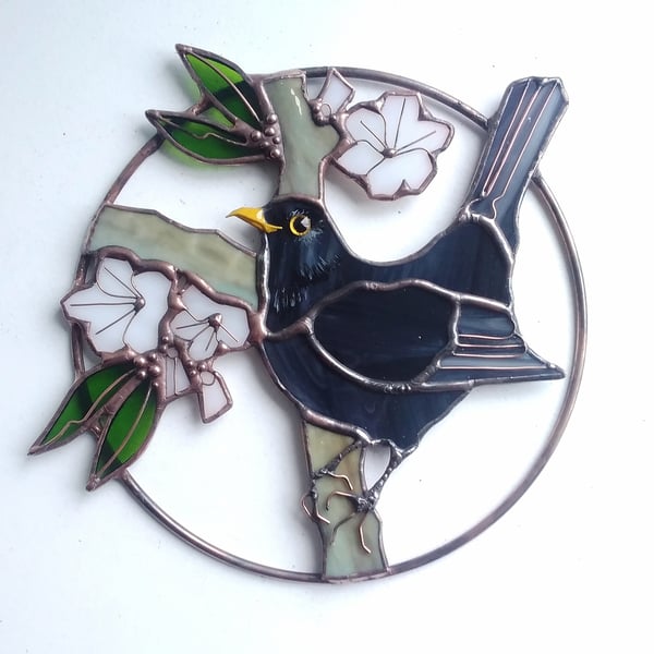 Stained Glass Blackbird in Blossoms - handmade in Hampshire