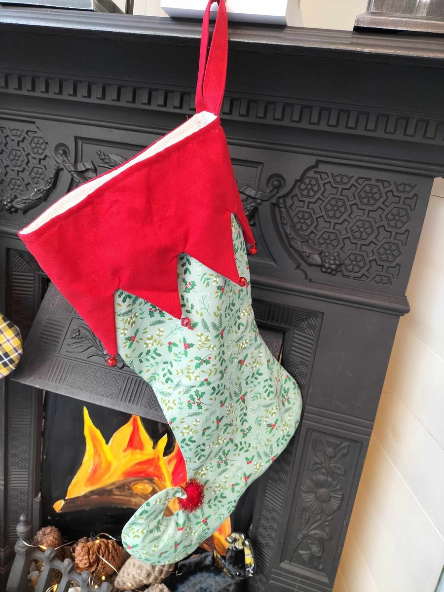 CS02  Pixie elf Christmas stocking, Holly