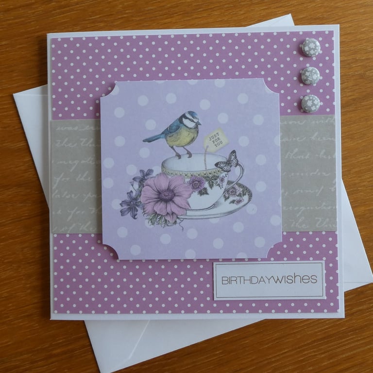Birthday Card - Tea Cup with Blue Tit and Flowers