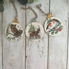 Set of 3 Wooden Christmas Tree Decorations: Decoupage Robin, Owl & Deer 