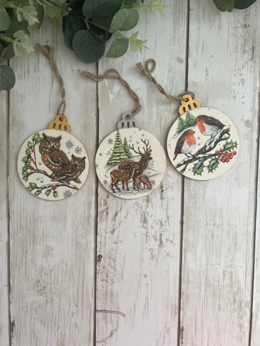 Set of 3 Wooden Christmas Tree Decorations: Decoupage Robin, Owl & Deer 
