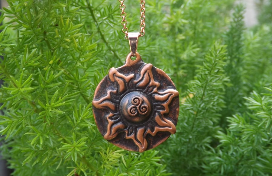 Recycled Copper Sun with Triple Spiral Pendant Necklace.