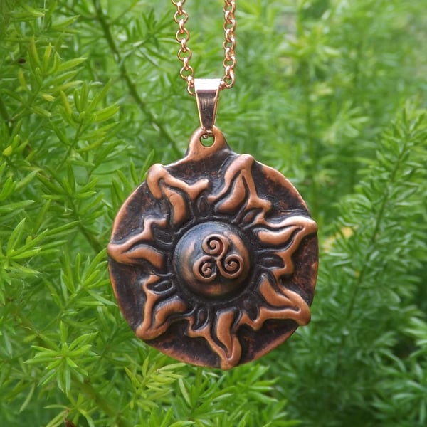 Recycled Copper Sun with Triple Spiral Pendant Necklace.