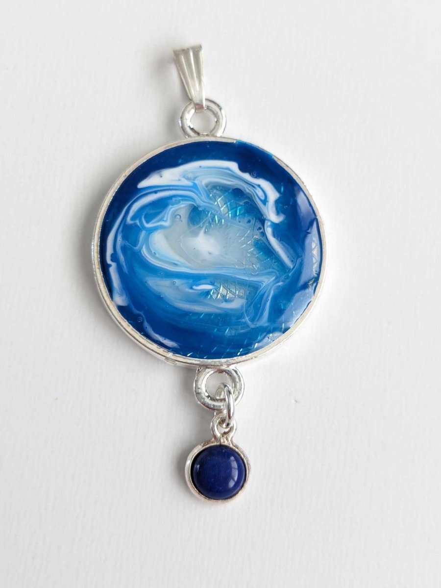Blue Swirly Resin Pendant With Lapis Droplet