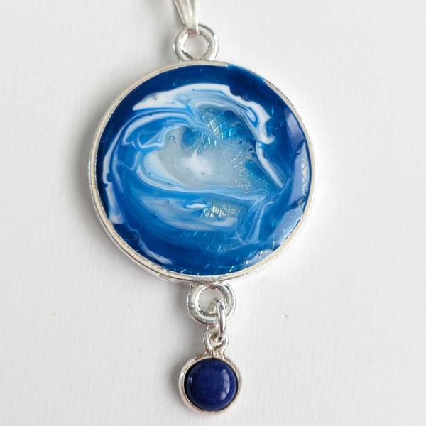 Blue Swirly Resin Pendant With Lapis Droplet