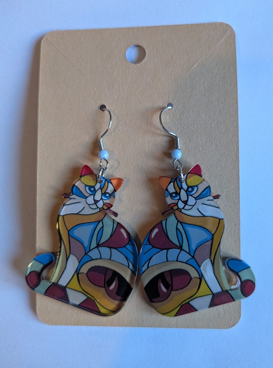 Colourful Mosaic Acrylic Cat Earrings. Silver Tone Wires