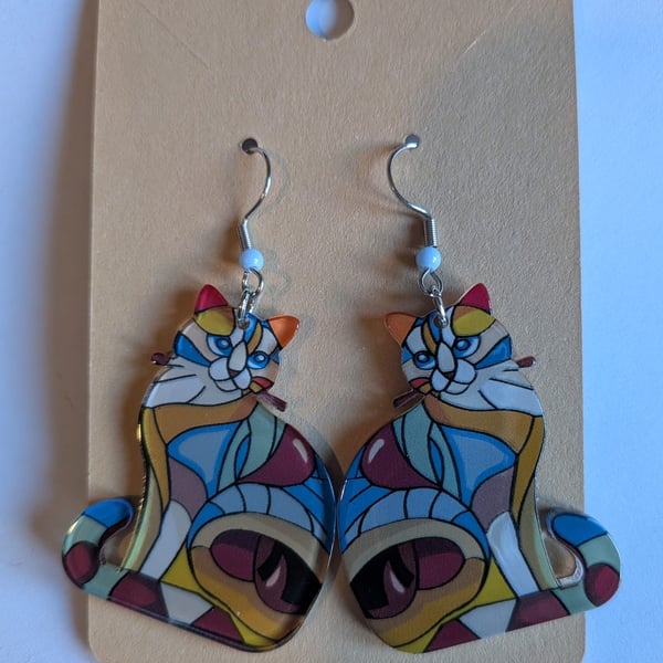 Colourful Mosaic Acrylic Cat Earrings. Silver Tone Wires