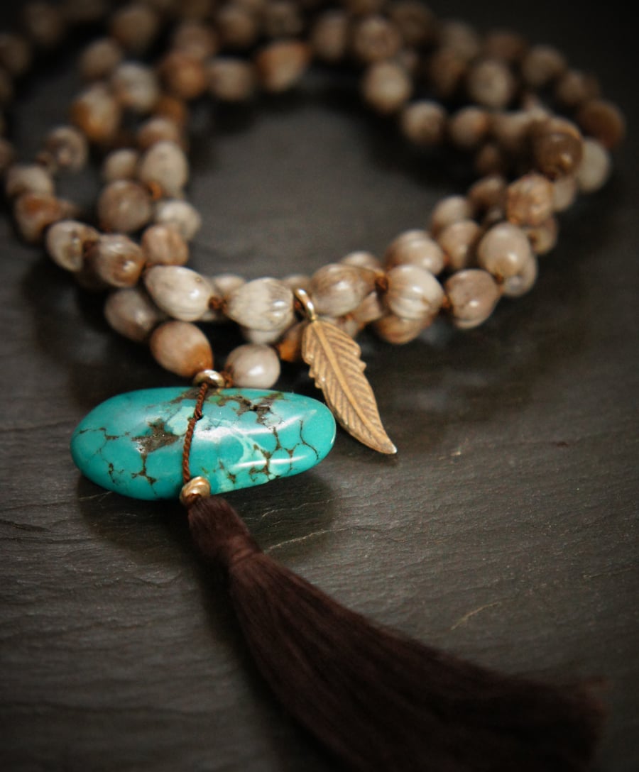 Tibetan Turquoise, feather & Vaijayanti Throat Chakra 108 Mala, Yoga Necklace