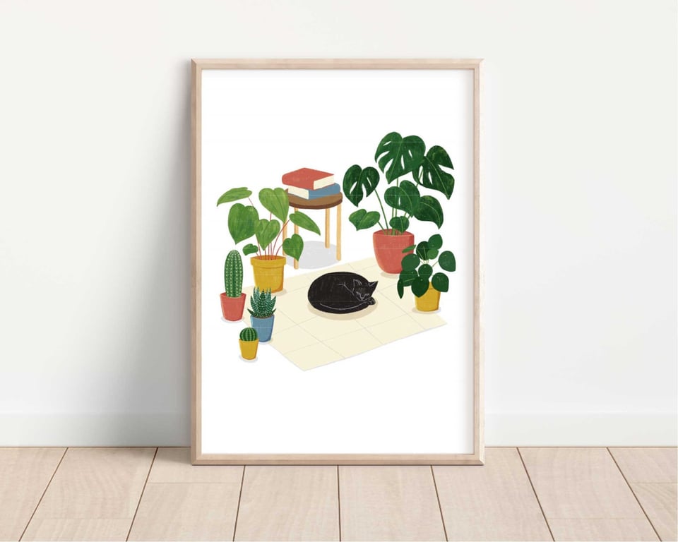 Cat with Plants Art Print A5, A4, A3