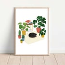 Cat with Plants Art Print A5, A4, A3