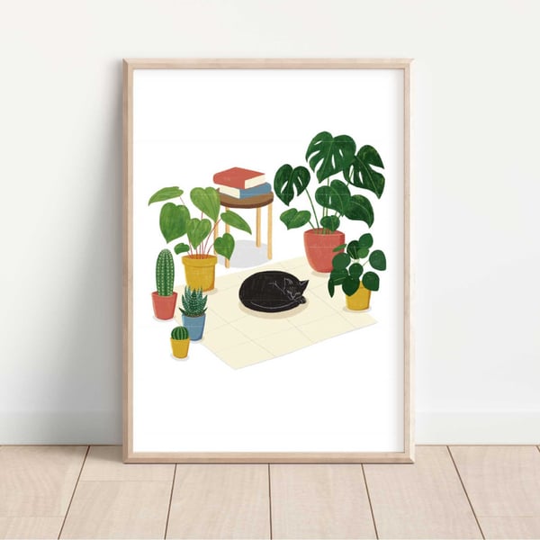 Cat with Plants Art Print A5, A4, A3