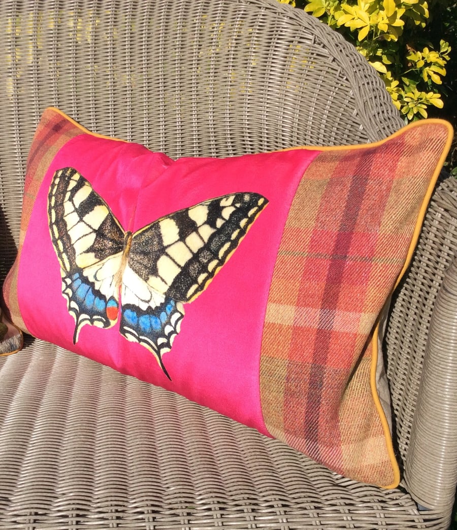 Butterfly cushion. Velvet and tartan Butterfly pillow in bold pink.