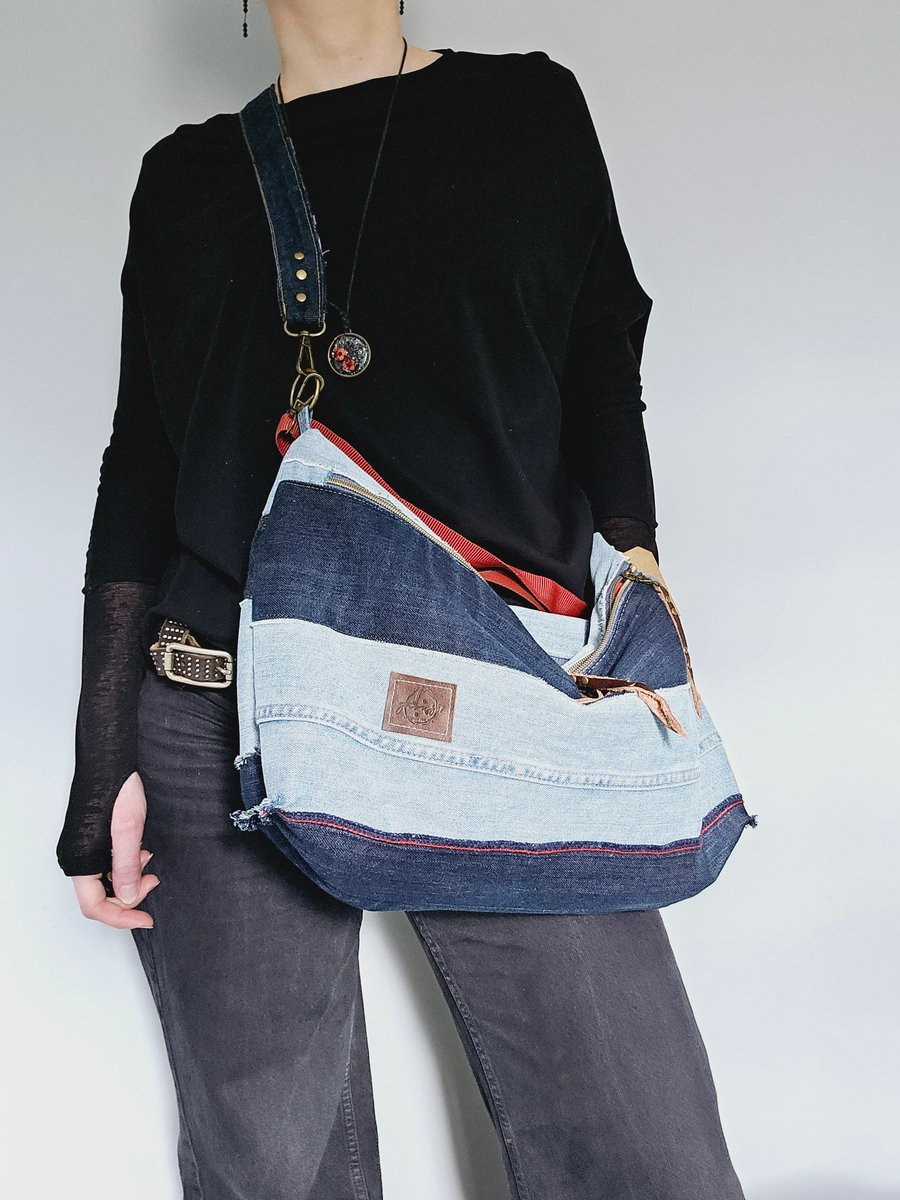Recycled jeans slouchy bag, big denim handbag for weekend, double zipper bag