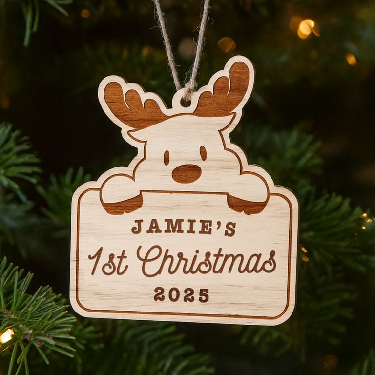 Personalised Baby’s First Christmas Wooden Bauble – Reindeer: Custom Name & Year