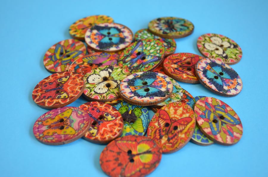 Wooden Oval Butterfly Buttons Colourful Kaleidoscope Mixed 6pk 30x22mm (OB1)