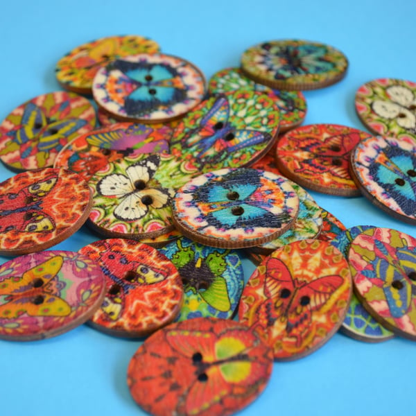 Wooden Oval Butterfly Buttons Colourful Kaleidoscope Mixed 6pk 30x22mm (OB1)