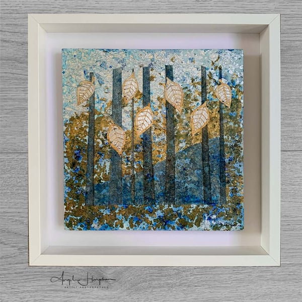 Framed Original Artwork - Collograph with Collaged leaves - Misty Blue Birches