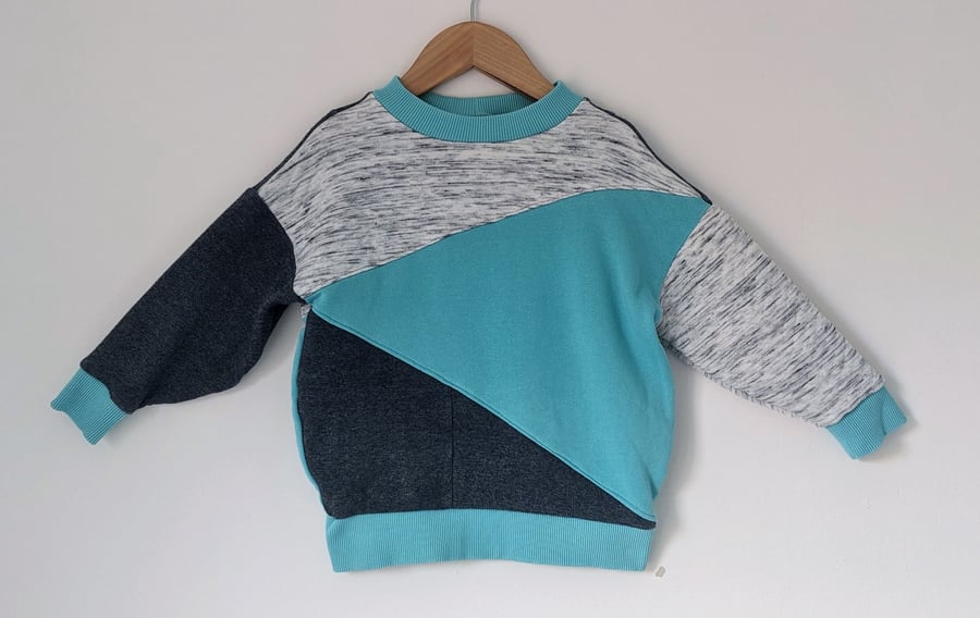 Upcycled kids jumper with multiple textures and bright colours, age 1-3 years 