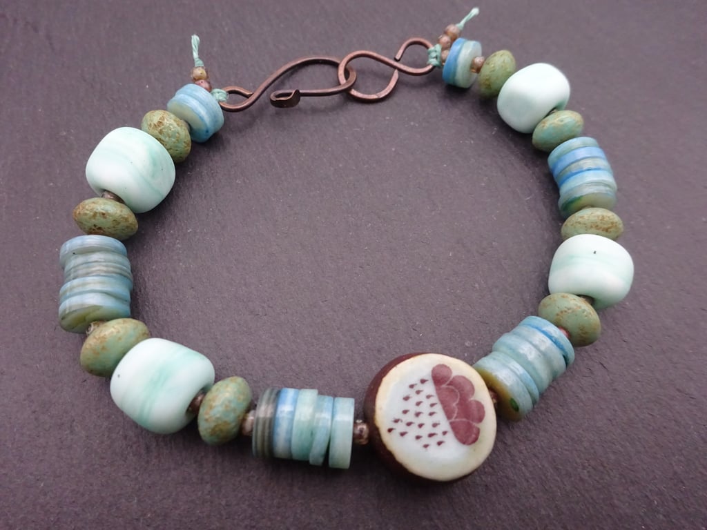 lampwork glass and shell beaded bracelet, every cloud