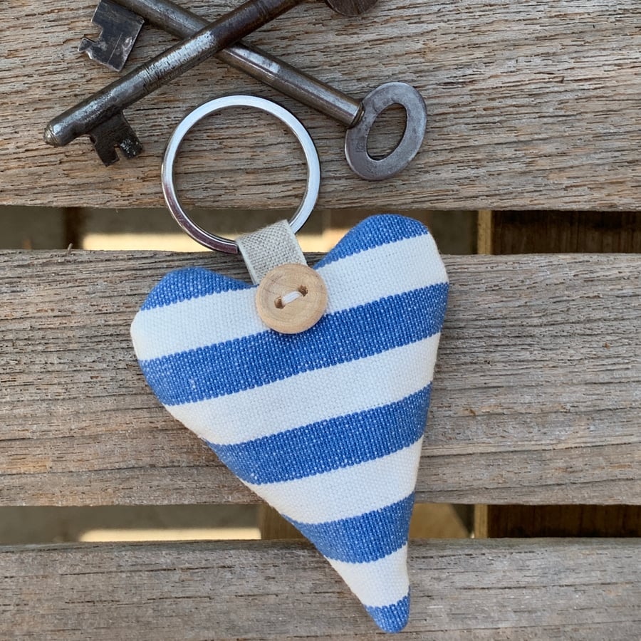 HEART KEY RING - lavender, blue and white stripes, long heart shape