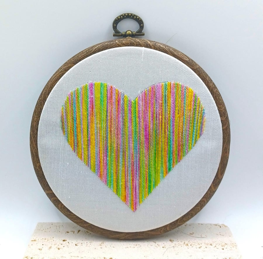 Pastel Rainbow Heart Embroidery, Embroidery Hoop, Hand Embroidery, Modern Embroi