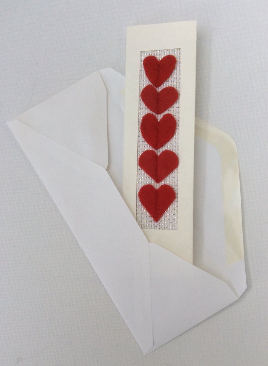 Valentine’s Day Card, red felt hearts, keepsake bookmark