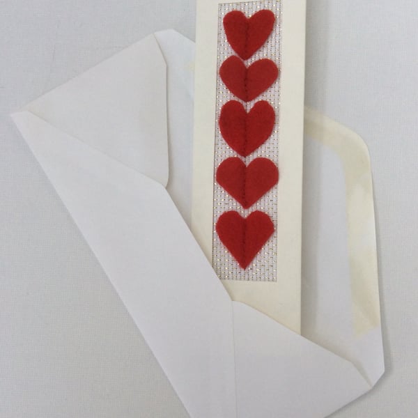 Valentine’s Day Card, red felt hearts, keepsake bookmark
