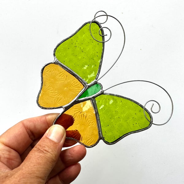 Stained Glass Butterfly Suncatcher - Handmade Decoration - Green and Amber