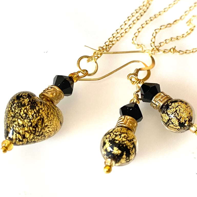  Necklace Earring Set Venetian Murano Glass Dark Black Spheres Gold Vermeil