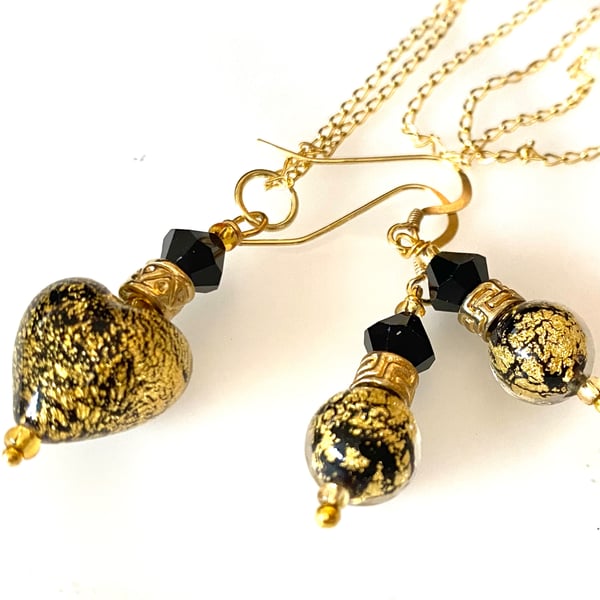  Necklace Earring Set Venetian Murano Glass Dark Black Spheres Gold pltd Silver