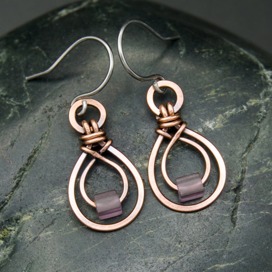 Hammered Copper Double Teardrop Earrings with Frosted Purple Glass Cube Beads