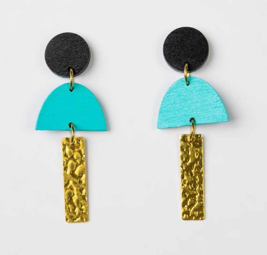 Turquoise wooden statement earrings with brass charm (The Bovey earrings) 