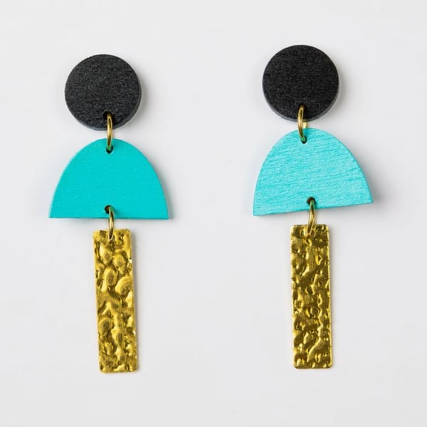 Turquoise wooden statement earrings with brass charm (The Bovey earrings) 