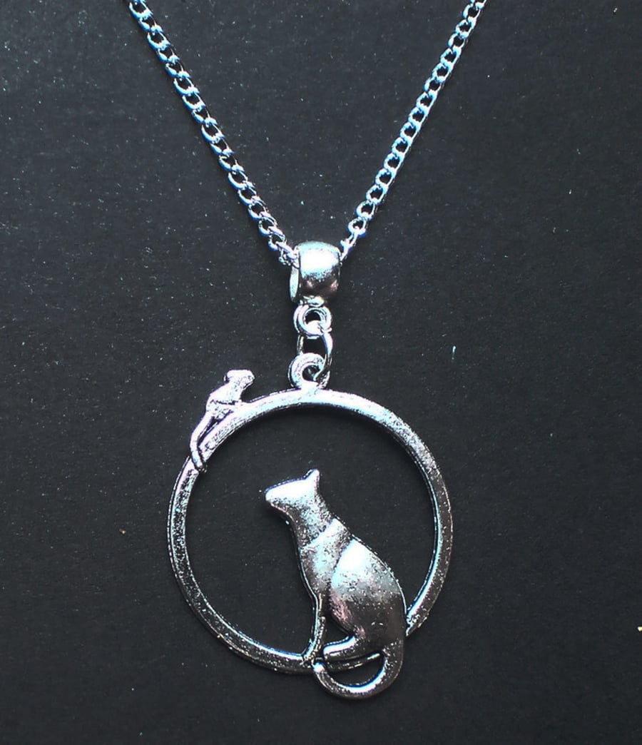 Cat and Mouse Round Pendant Necklace