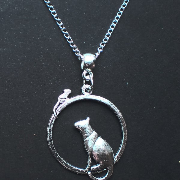 Cat and Mouse Round Pendant Necklace