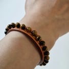 Handmade Leather Bracelet with Tiger's Eye Beads – Handstitched, Double-Layered 