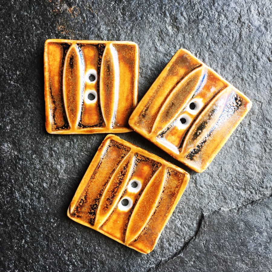 Porcelain buttons, square, set of 3, caramel honey glaze - size 3cm square