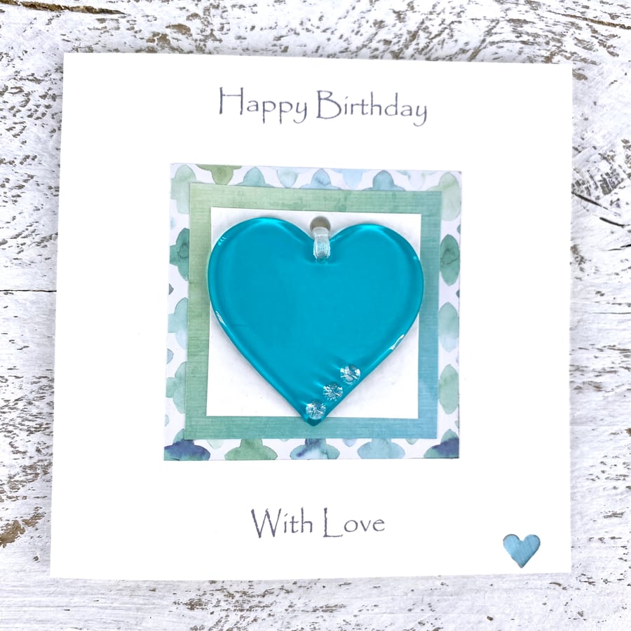 Birthday Card with Detachable Turquoise Glass Heart 