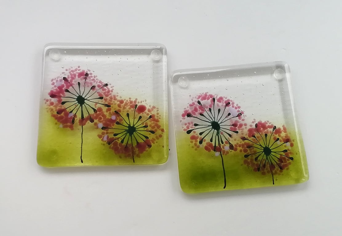 Allium coasters, purple floral mug mats, set of two fused glass coasters, gift f