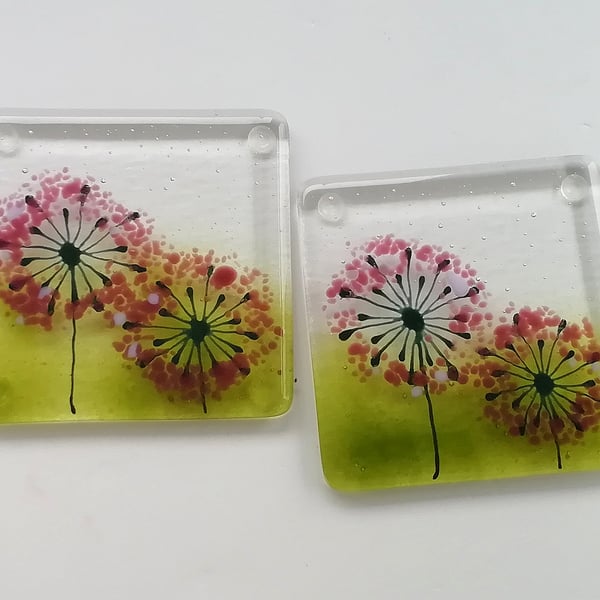 Allium coasters, purple floral mug mats, set of two fused glass coasters, gift f