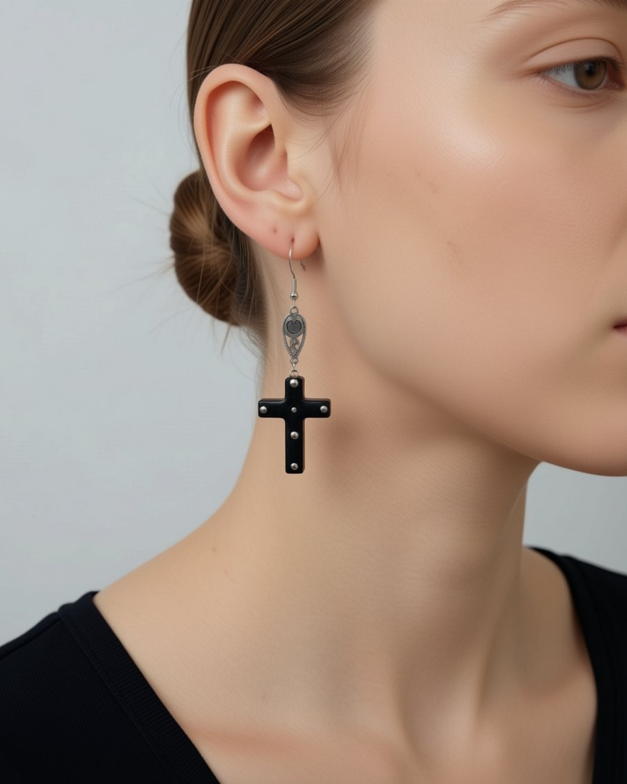 Black cross drop earrings 