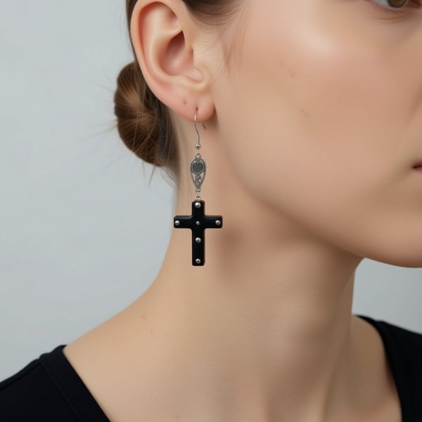 Black cross drop earrings 