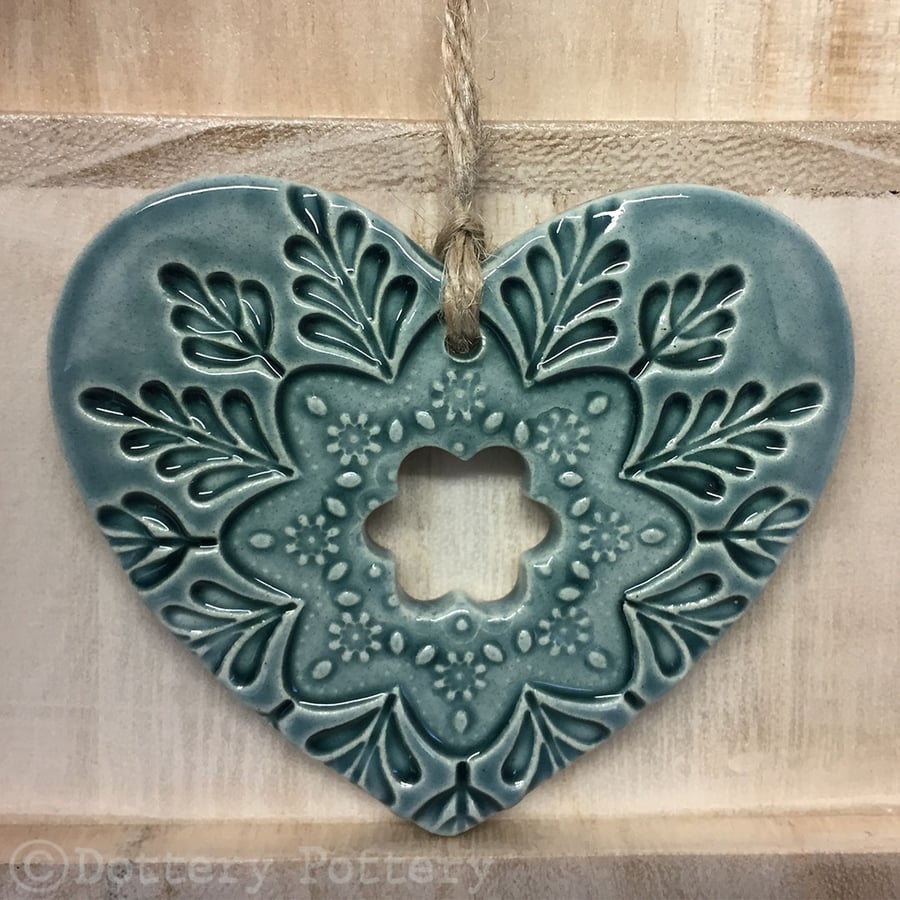 Ceramic heart hanging decoration Pottery Heart Folk art love heart PETROL BLUE