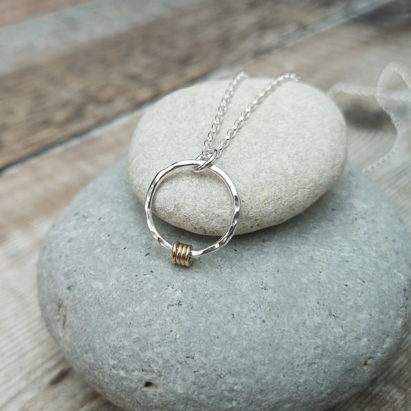 Sterling Silver Hammered Ring Necklace with Gold Detail - JBJ2051