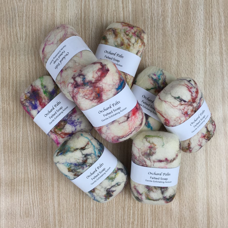 Felted soap, gently exfoliating, white merino wool with coloured silk strands