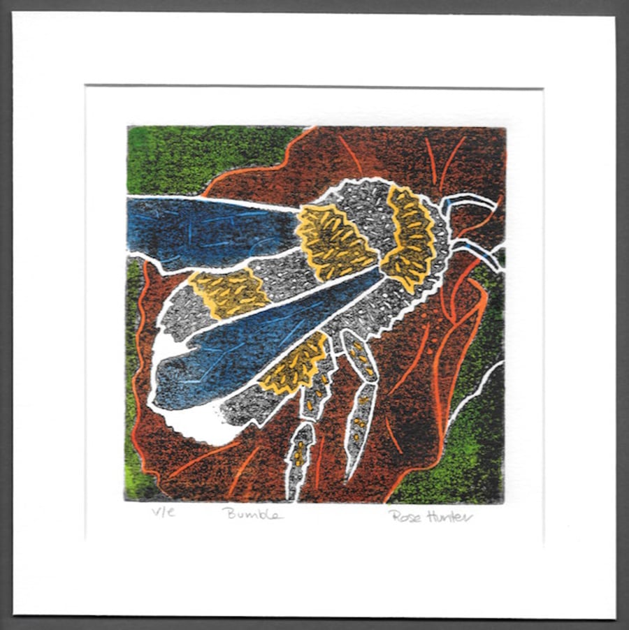 SALE Bumble - hand painted lino print of a large garden bumblebee 001