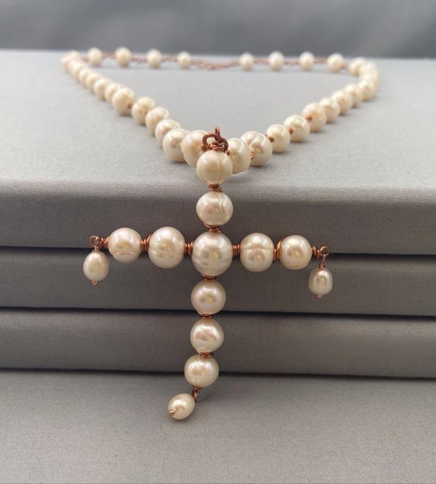 Copper Wire Wrap Ivory Cultured Pearl Cross Necklace