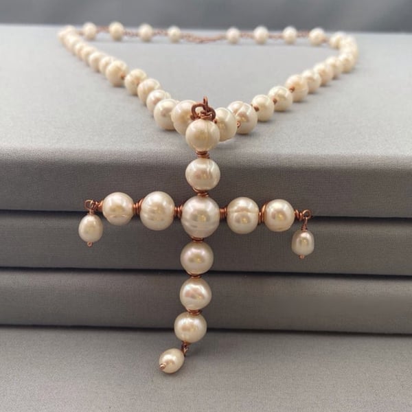 Copper Wire Wrap Ivory Cultured Pearl Cross Necklace